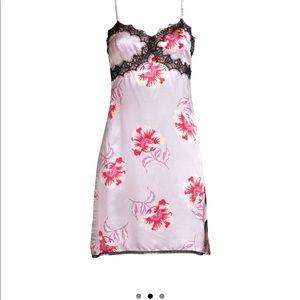 Morgan Lane Pink Floral Satin Slip with Black Lace Trim